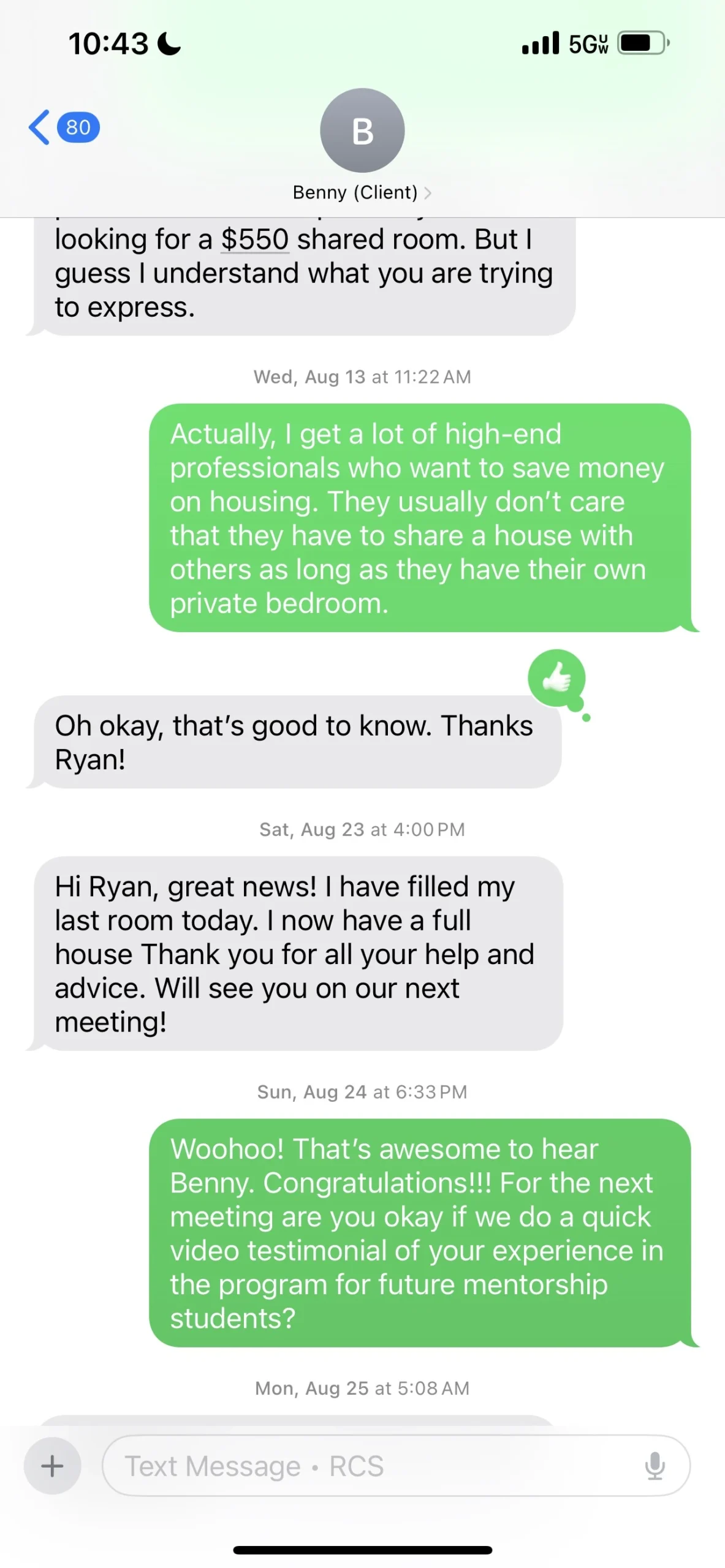 Text message from Benny sharing he has filled his rental property thanks to Ryan’s coaching