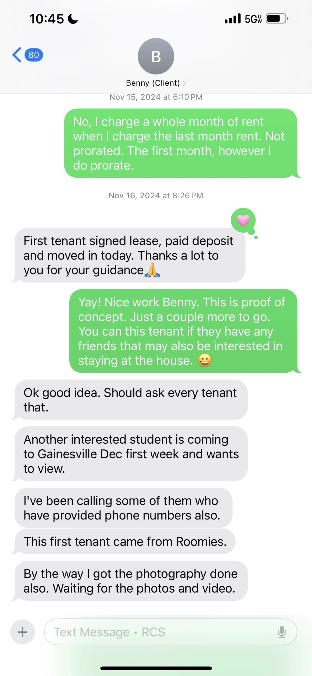 Text message from Benny sharing he signed his first tenant