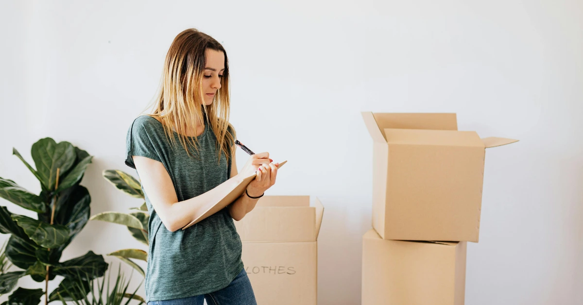 Woman Writing Down Notes While Packing Woman Writing Down Notes While Packing
