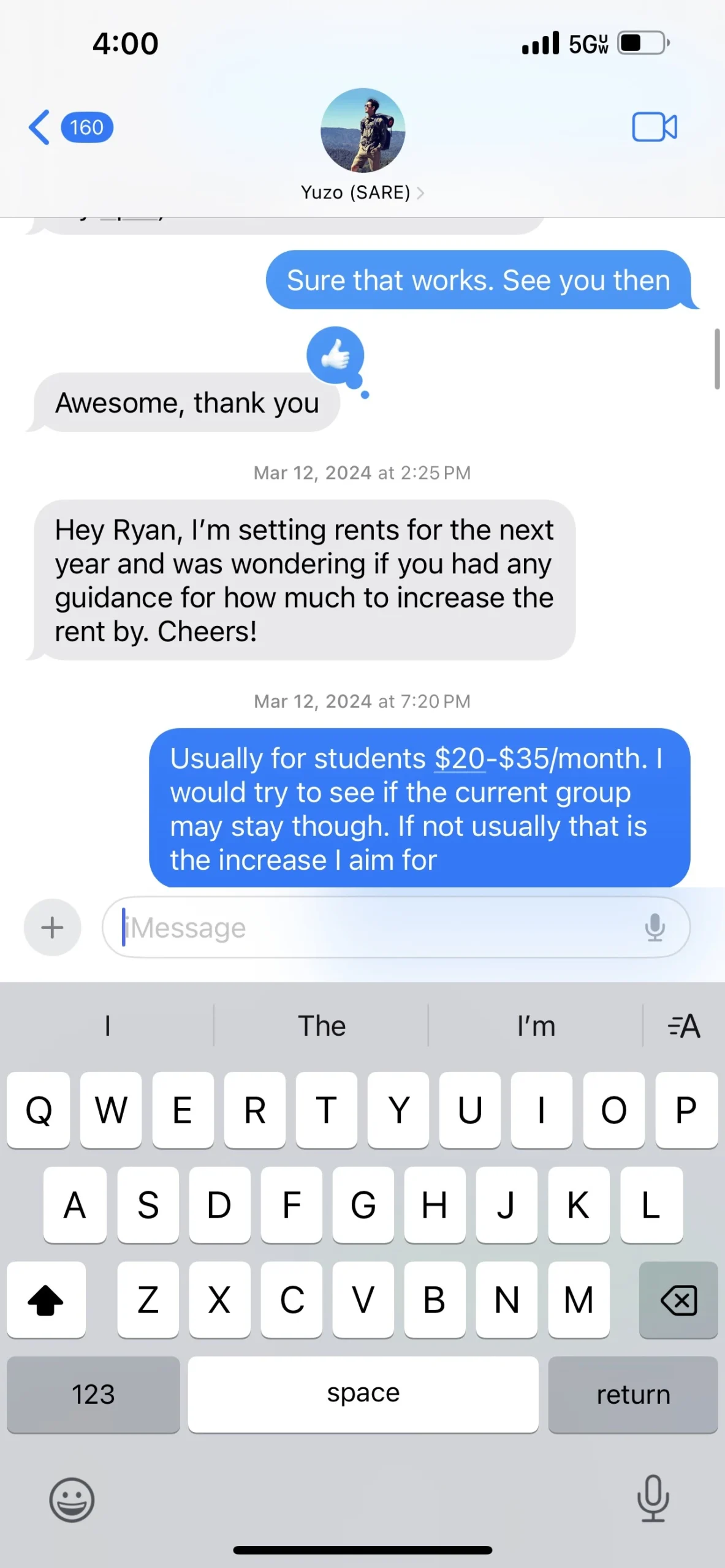 Text conversation where Yuzo asks Ryan for guidance on how much to increase rents for the next year while managing his rent-by-the-room rental property.